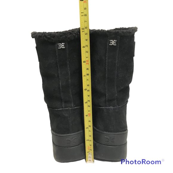 SAM EDELMAN Boots Women 8M/38 Fleece Lined Black Leather Mid Calf Pull On Wedge - Picture 6 of 11
